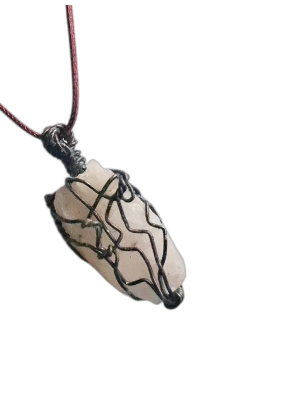 Light Pink Quartz Stone Pendant with Black Wire & Brown Cord Necklace NWOT